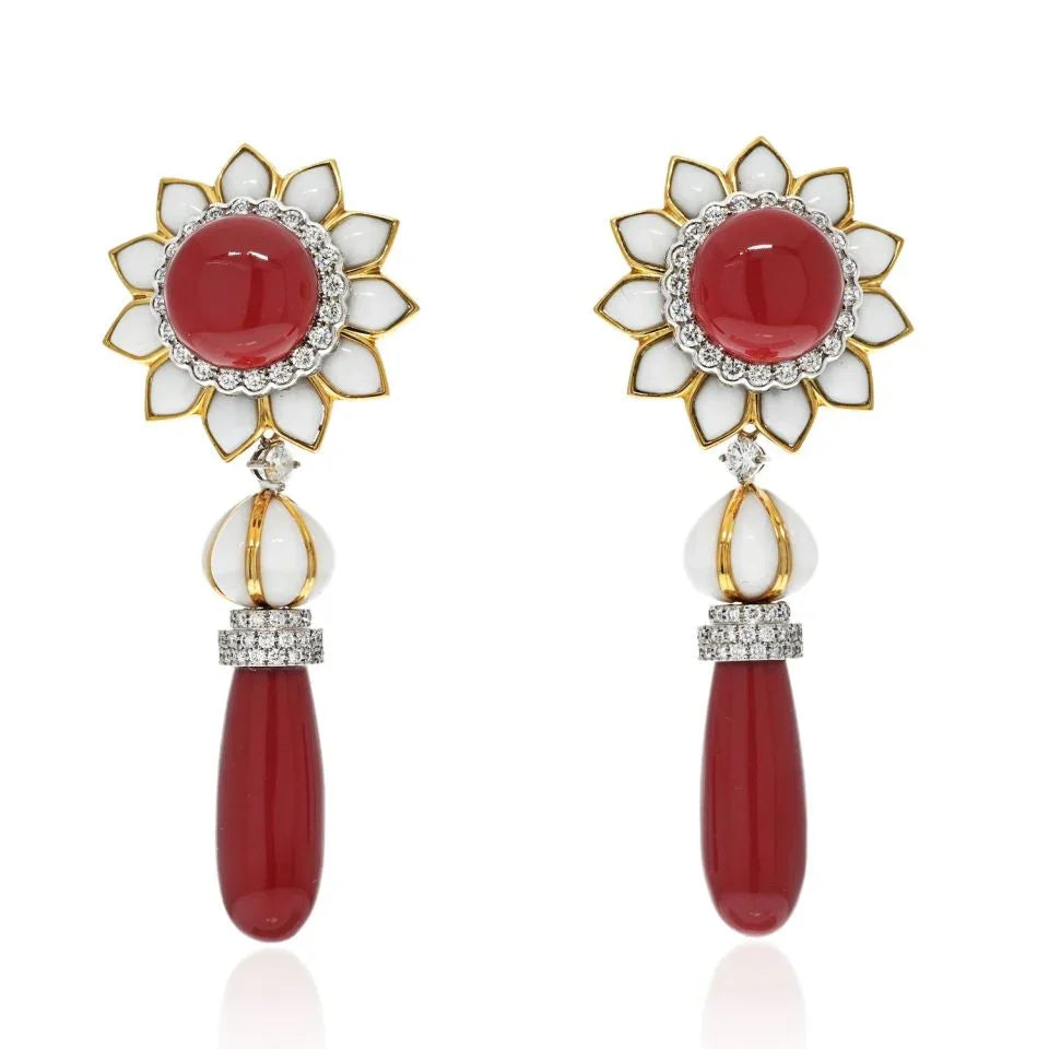 David Webb Platinum & 18K Yellow Gold Coral Drop Day To Night Dangling Earrings — Laura Milman New York