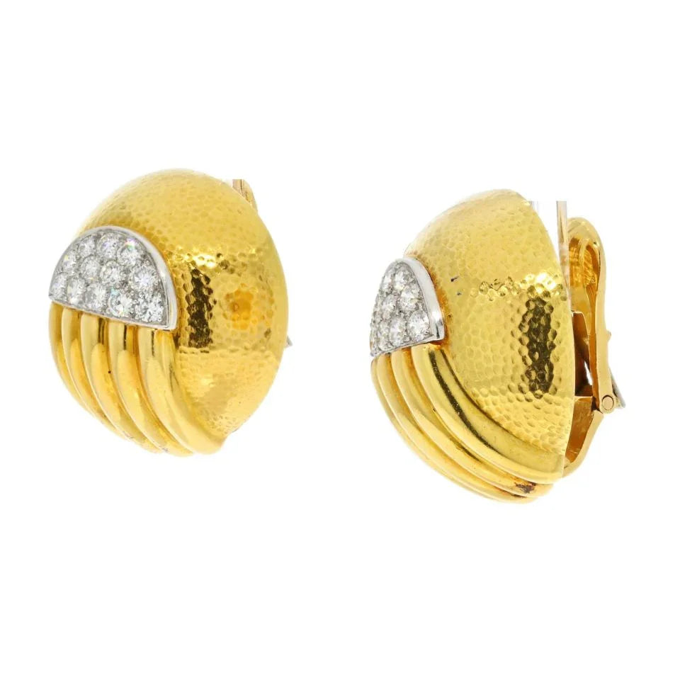 David Webb Platinum & 18K Yellow Gold Diamond Dome Round Clip On Earrings — view 2 — Laura Milman New York