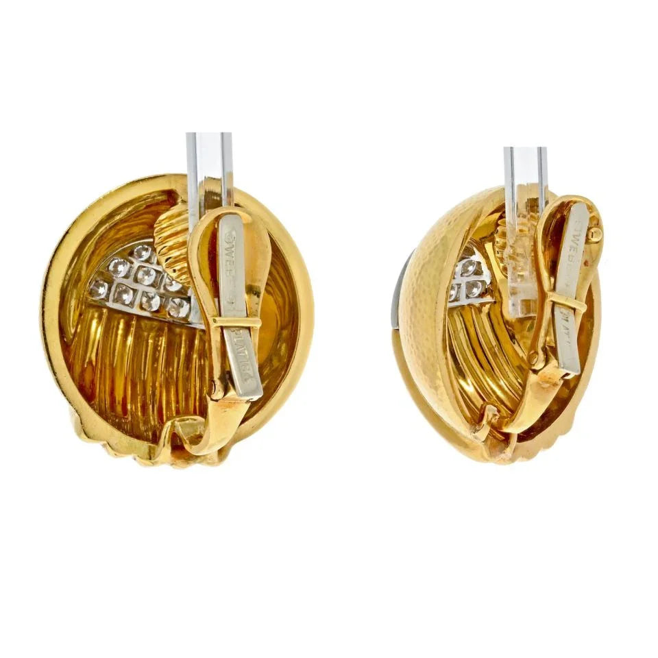 David Webb Platinum & 18K Yellow Gold Diamond Dome Round Clip On Earrings — view 3 — Laura Milman New York