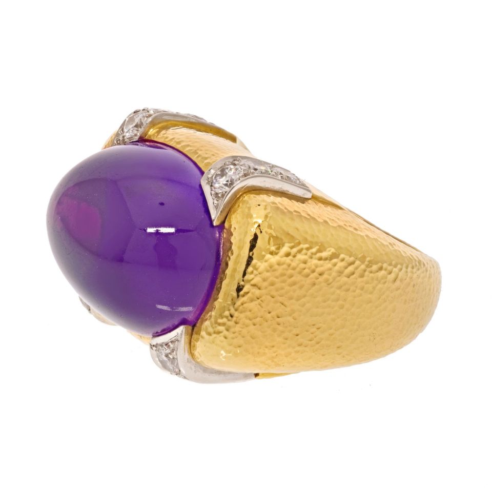 David Webb Platinum & 18K Yellow Gold Cabochon Amethyst And Diamond Cocktail Ring — view 2 — Laura Milman New York