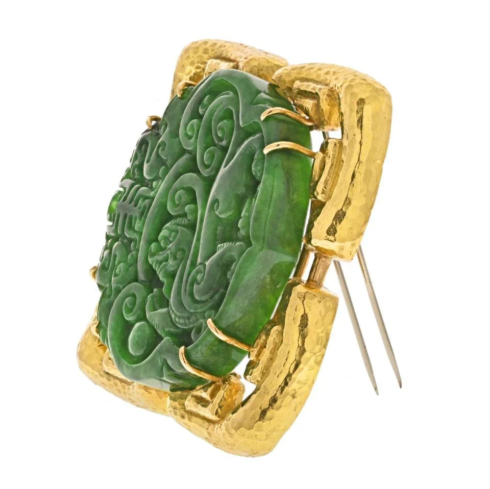 David Webb 18K Yellow Gold Carved Jade Pendant And A Brooch — view 2 — Laura Milman New York