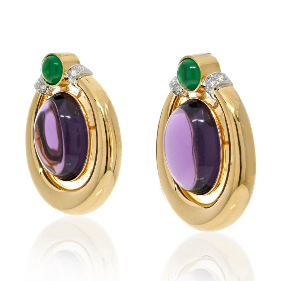 David Webb Platinum & 18K Yellow Gold Amethyst And Cabochon Green Emeralds Earrings — view 2 — Laura Milman New York