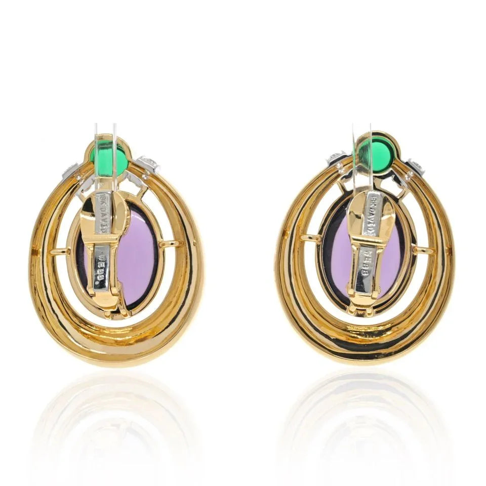 David Webb Platinum & 18K Yellow Gold Amethyst And Cabochon Green Emeralds Earrings — view 4 — Laura Milman New York
