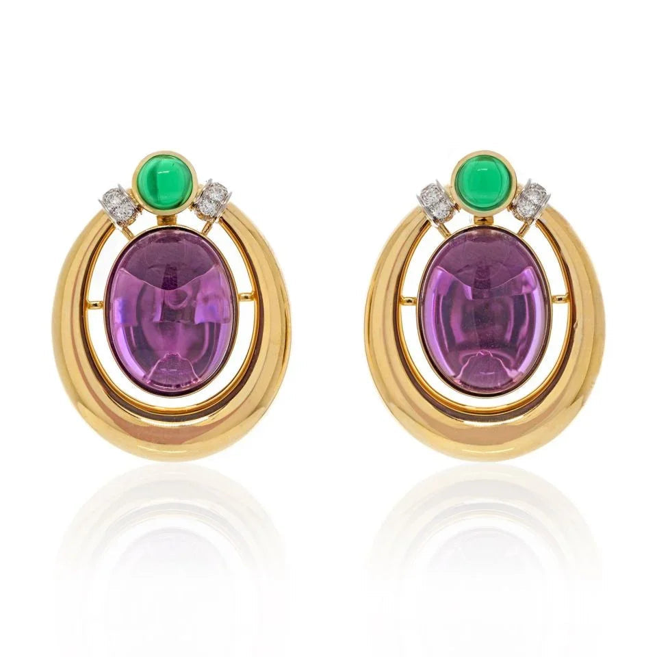 David Webb Platinum & 18K Yellow Gold Amethyst And Cabochon Green Emeralds Earrings — Laura Milman New York