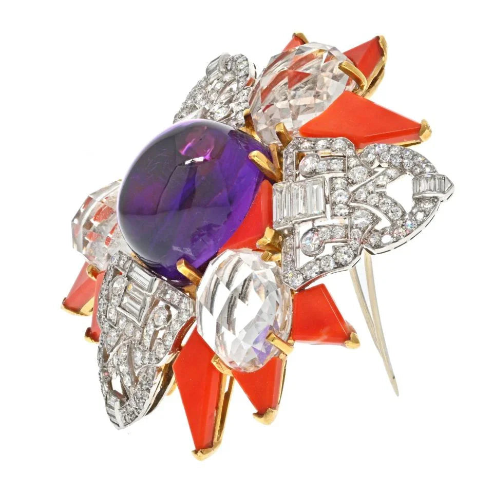 David Webb Platinum & 18K Yellow Gold Amethyst, Coral And Rock Crystal Star Brooch — view 2 — Laura Milman New York
