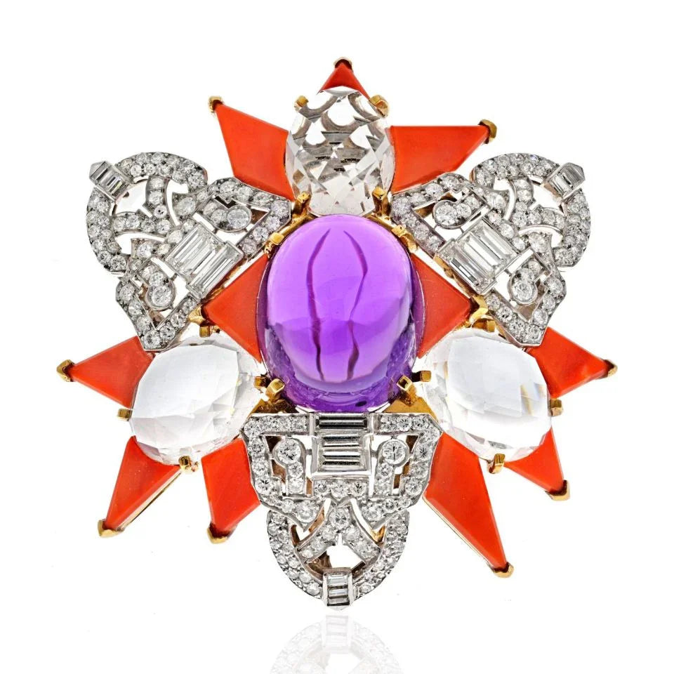 David Webb Platinum & 18K Yellow Gold Amethyst, Coral And Rock Crystal Star Brooch — Laura Milman New York
