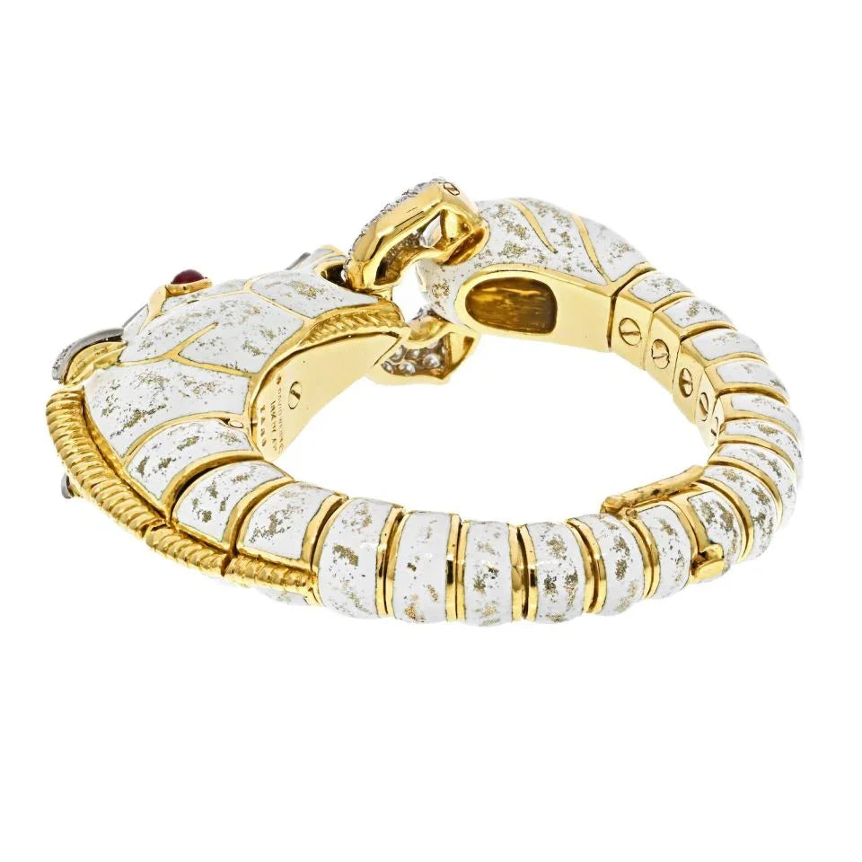 David Webb Platinum & 18K Yellow Gold Dappled White Enamel Diamond Horse Bracelet — view 2 — Laura Milman New York