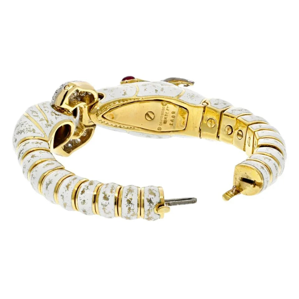 David Webb Platinum & 18K Yellow Gold Dappled White Enamel Diamond Horse Bracelet — view 3 — Laura Milman New York