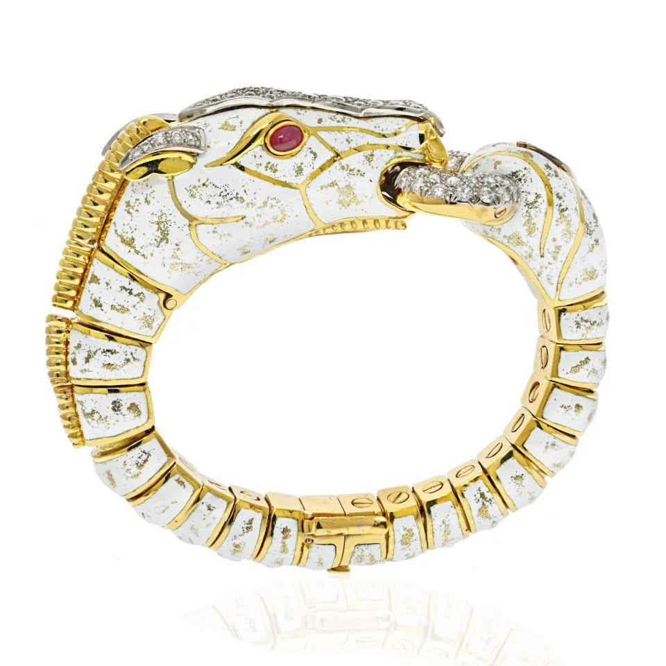 David Webb Platinum & 18K Yellow Gold Dappled White Enamel Diamond Horse Bracelet — Laura Milman New York