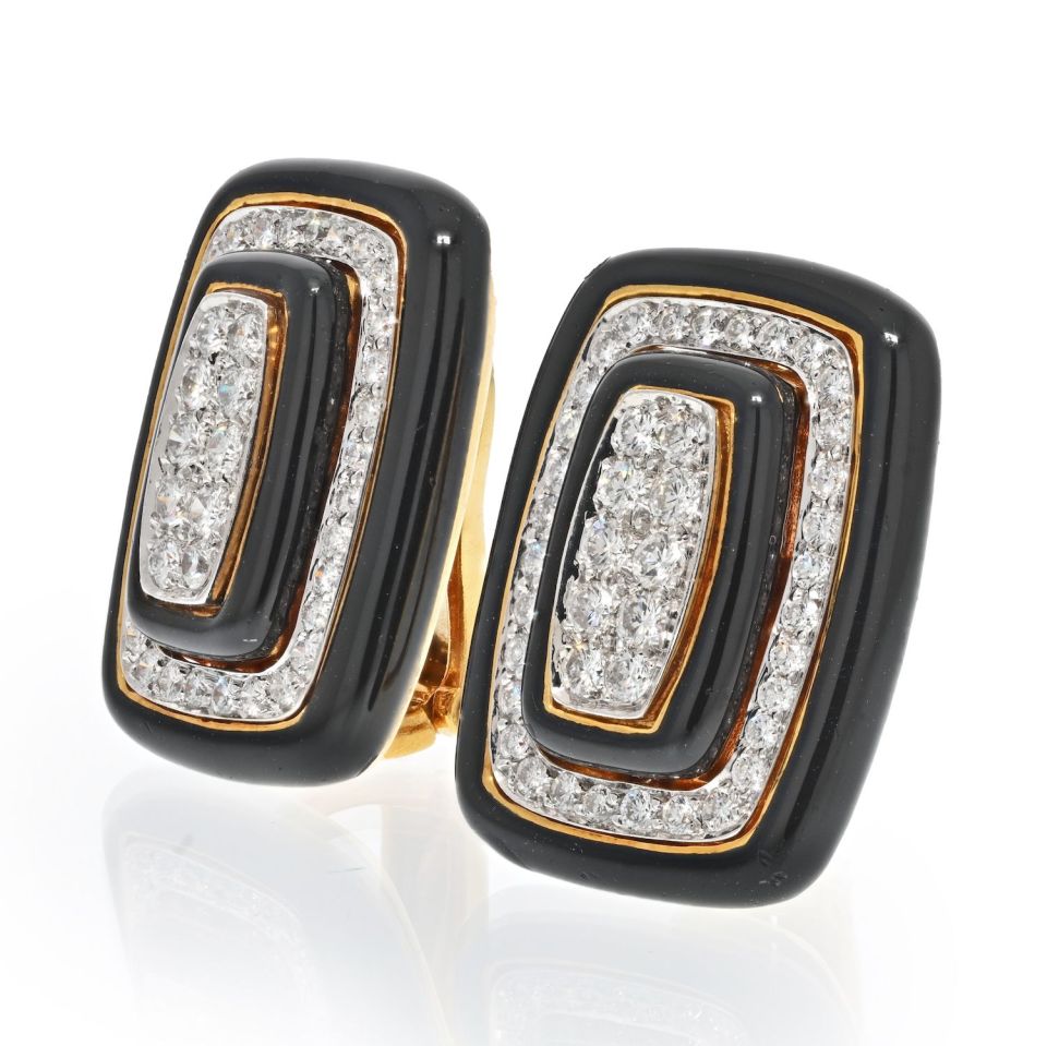 David Webb Platinum & 18K Yellow Gold Diamond And Black Enamel Clip On Earrings — view 2 — Laura Milman New York