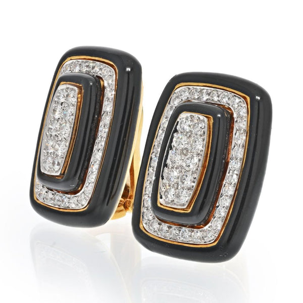 David Webb Platinum & 18K Yellow Gold Diamond And Black Enamel Clip On Earrings — view 2