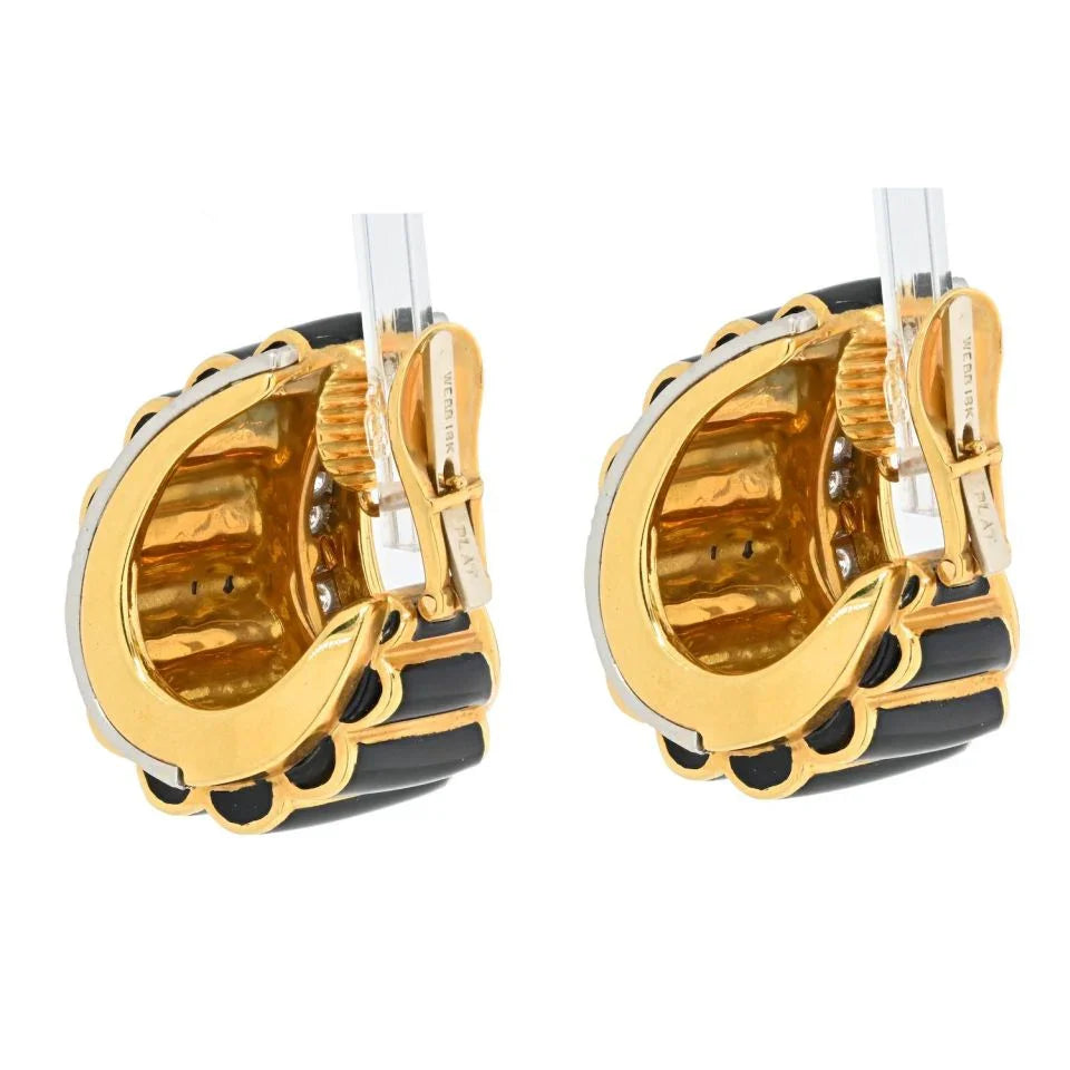 David Webb Platinum & 18K Yellow Gold Black Enamel Diamond Fluted Shrimp Style Clip Earrings — view 3 — Laura Milman New York