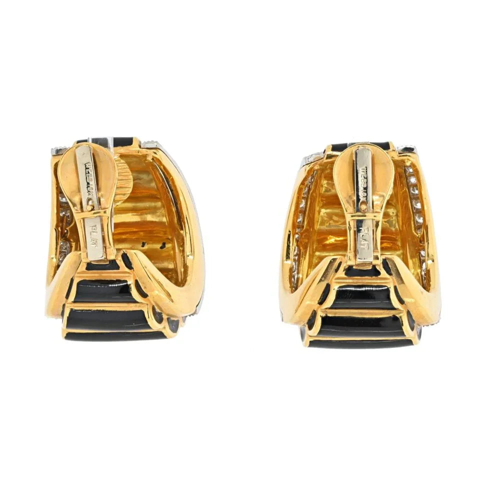 David Webb Platinum & 18K Yellow Gold Black Enamel Diamond Fluted Shrimp Style Clip Earrings — view 4 — Laura Milman New York
