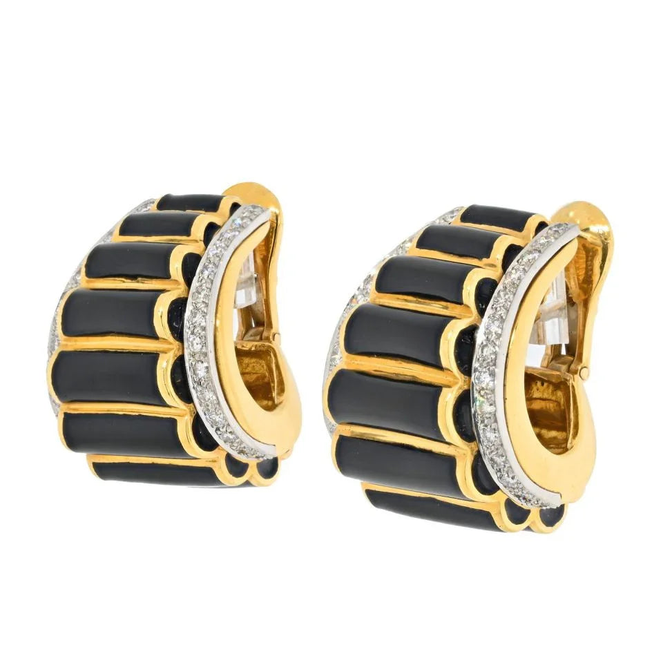 David Webb Platinum & 18K Yellow Gold Black Enamel Diamond Fluted Shrimp Style Clip Earrings — Laura Milman New York