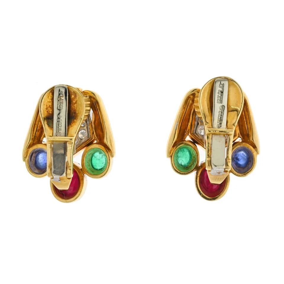 David Webb 18K Yellow Gold Diamond, Emerald, Sapphire And Green Earrings — view 4 — Laura Milman New York