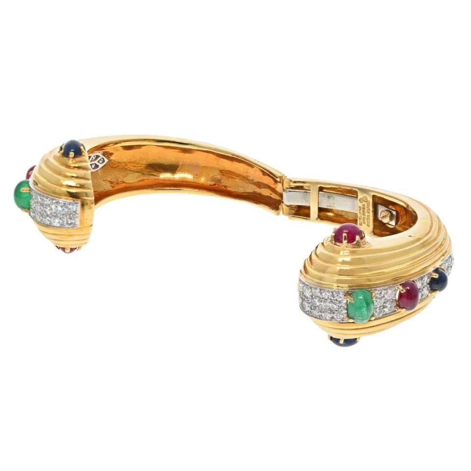 David Webb 18K Yellow Gold Diamond, Cabochon Oval Cut Emerald, Ruby Sapphire Hinged Bracelet — view 3 — Laura Milman New York