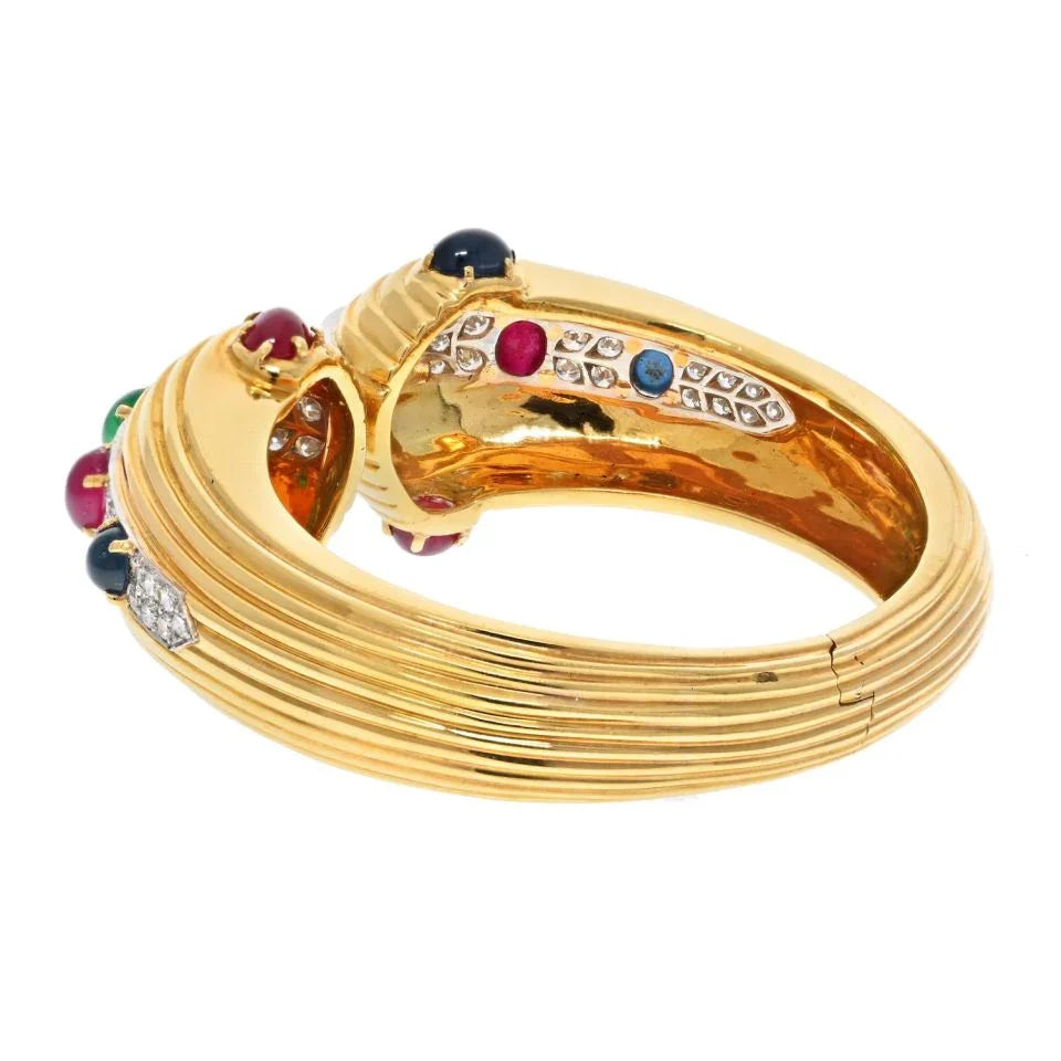 David Webb 18K Yellow Gold Diamond, Cabochon Oval Cut Emerald, Ruby Sapphire Hinged Bracelet — view 4 — Laura Milman New York