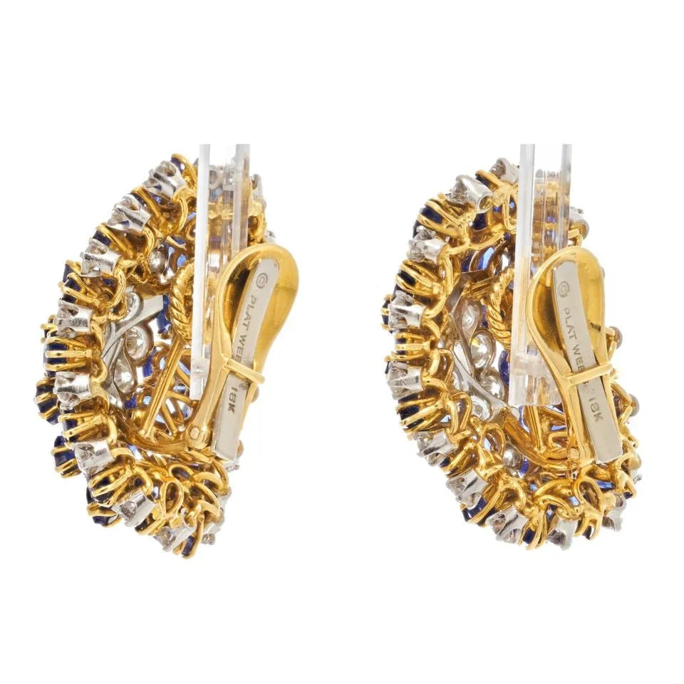 David Webb Platinum & 18K Yellow Gold Sapphire And Diamond Clip On Earrings — view 3 — Laura Milman New York