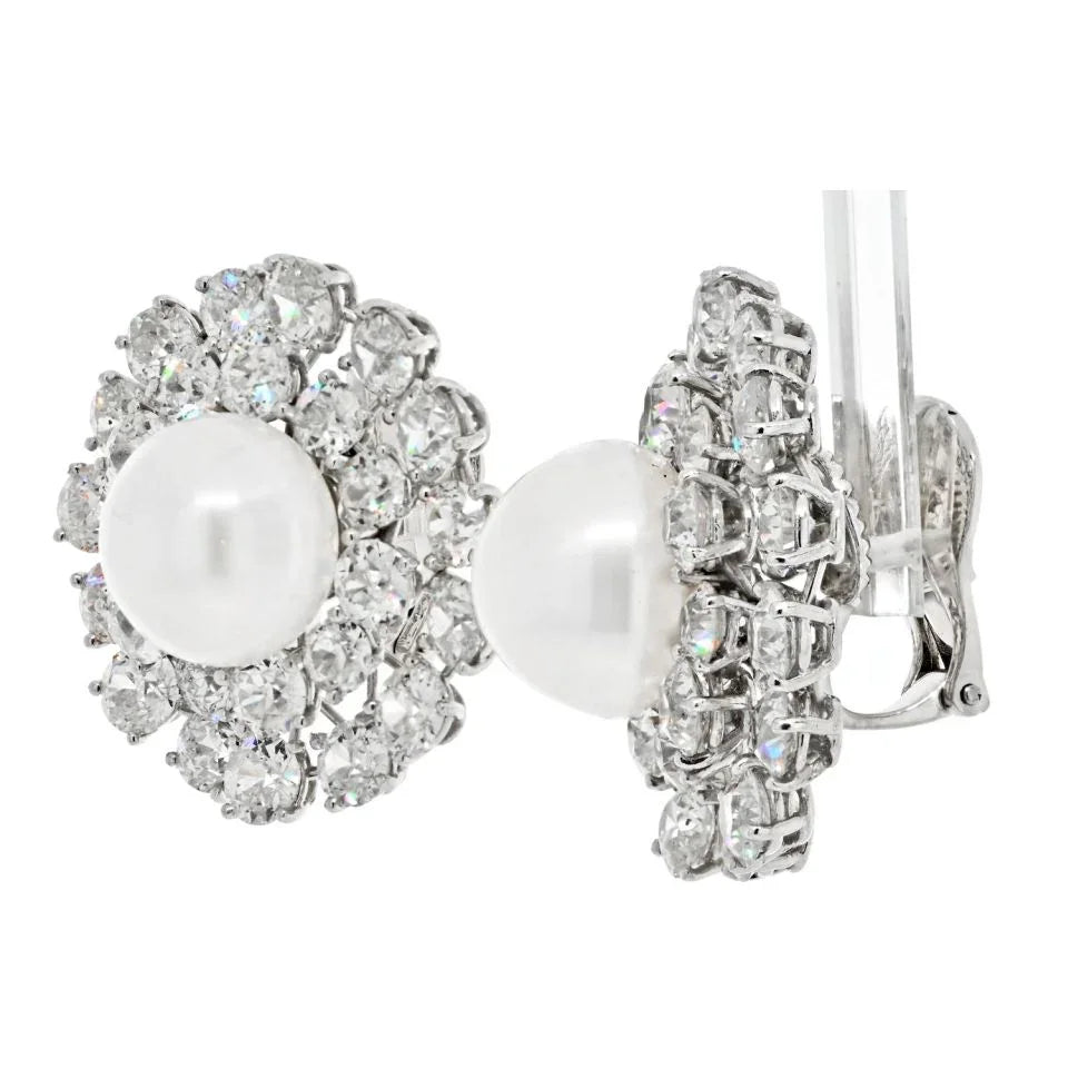 David Webb Platinum Old Cut And Old European Cluster Pearl Clip On Earrings — view 2 — Laura Milman New York