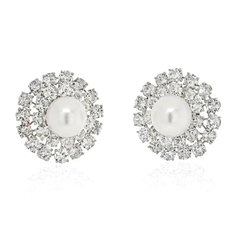 David Webb Platinum Old Cut And Old European Cluster Pearl Clip On Earrings — Laura Milman New York