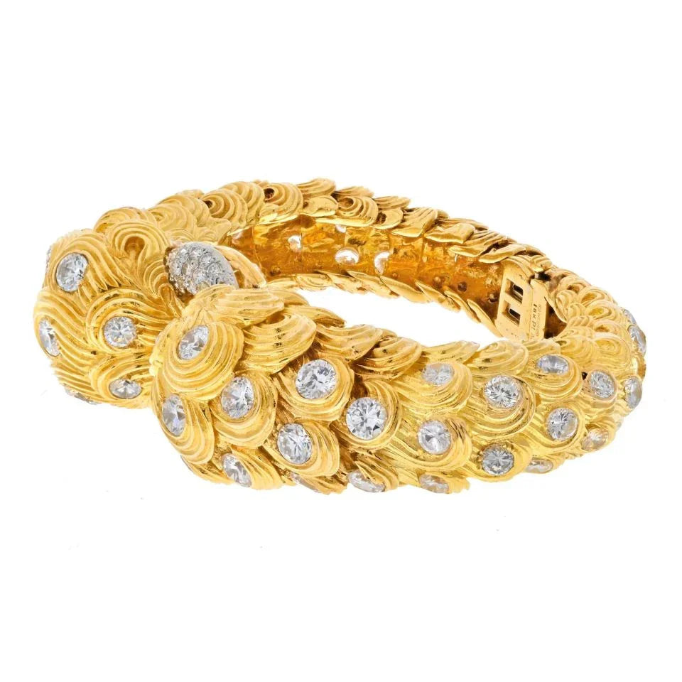 David Webb Platinum & 18K Yellow Gold 21 Carats Scroll Diamond Textured Bracelet — view 2 — Laura Milman New York