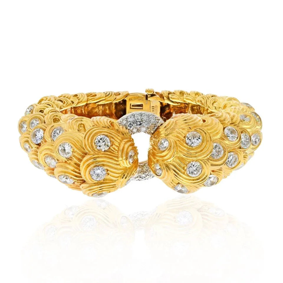 David Webb Platinum & 18K Yellow Gold 21 Carats Scroll Diamond Textured Bracelet — Laura Milman New York