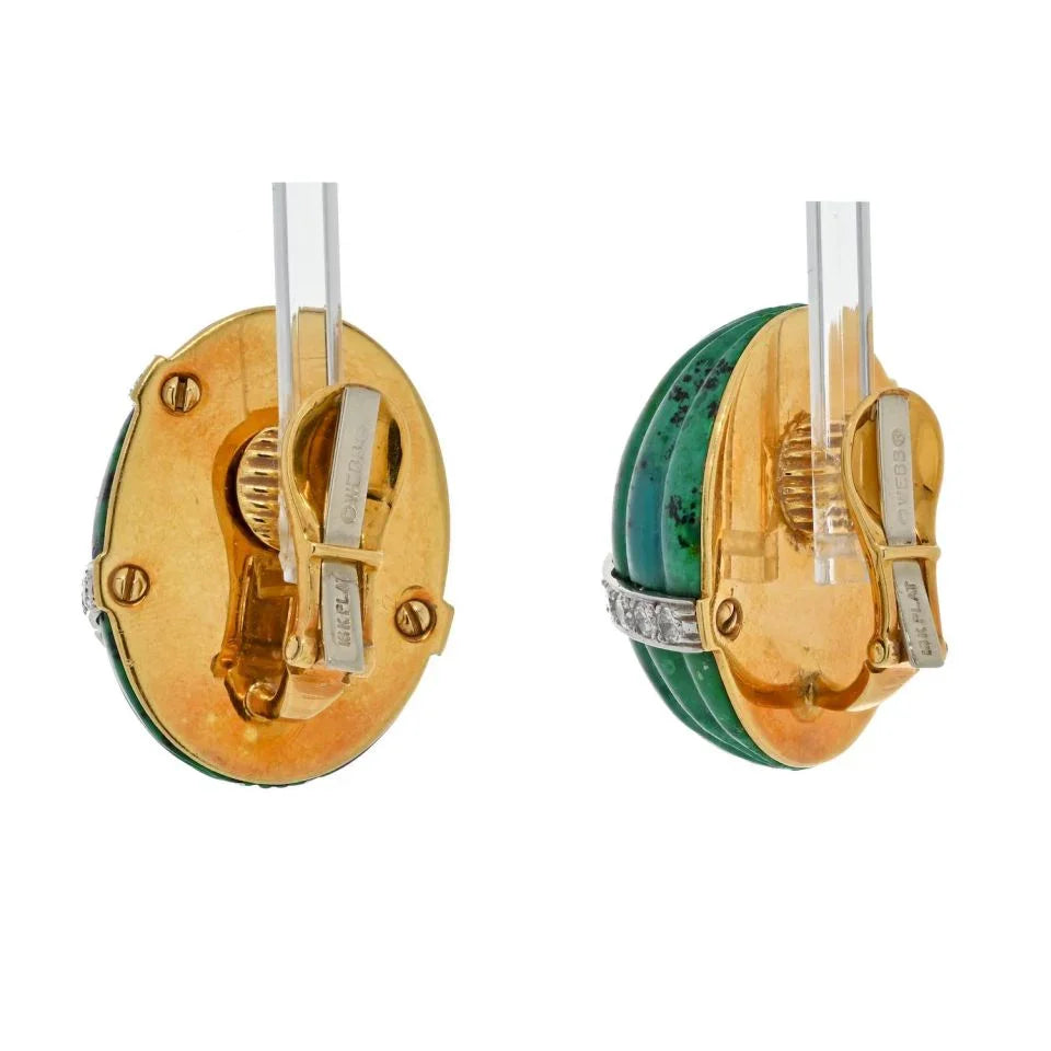 David Webb Platinum & 18K Yellow Gold Azurmalachite And Diamond Bombe Fluted Clip Earrings — view 3 — Laura Milman New York