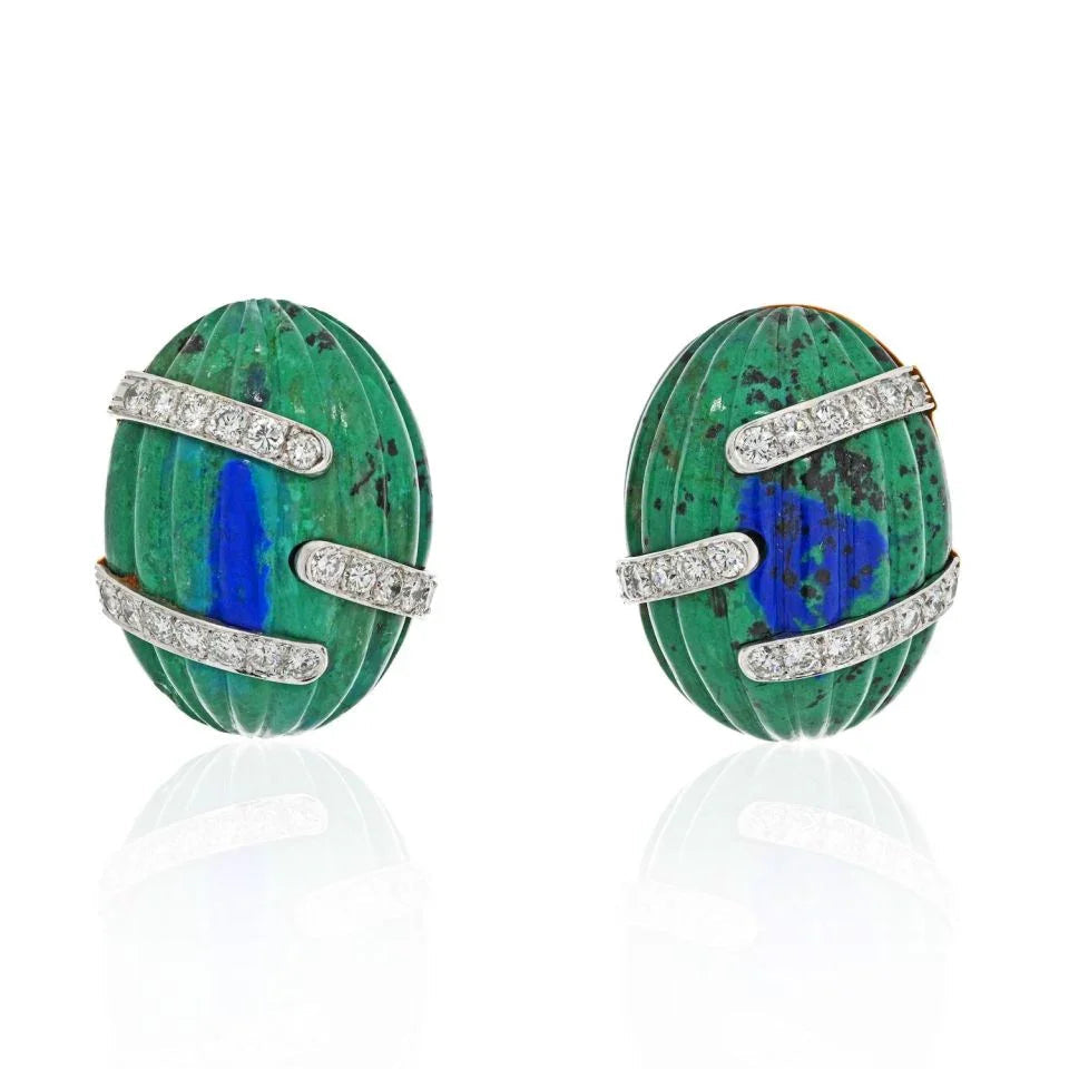 David Webb Platinum & 18K Yellow Gold Azurmalachite And Diamond Bombe Fluted Clip Earrings — Laura Milman New York