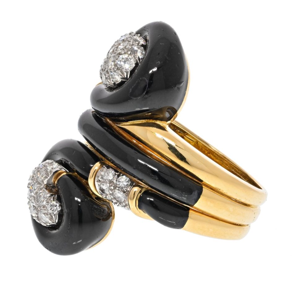David Webb Platinum & 18K Yellow Gold Black Enamel Swirl Design Pave Diamond Ring — view 2 — Laura Milman New York