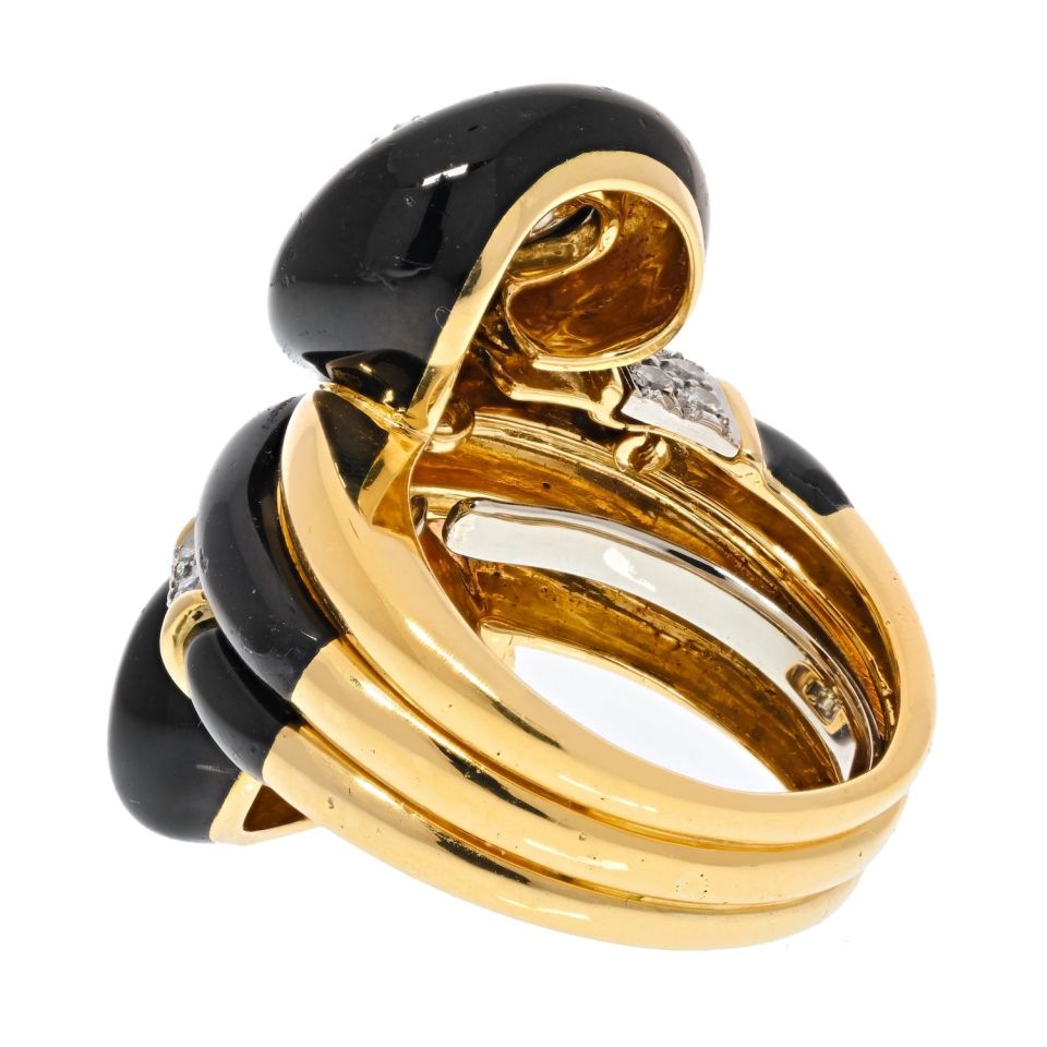 David Webb Platinum & 18K Yellow Gold Black Enamel Swirl Design Pave Diamond Ring — view 3 — Laura Milman New York