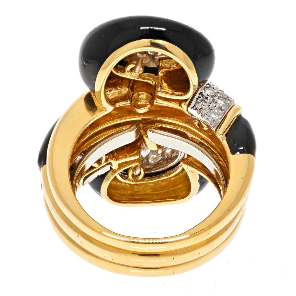 David Webb Platinum & 18K Yellow Gold Black Enamel Swirl Design Pave Diamond Ring — view 4 — Laura Milman New York