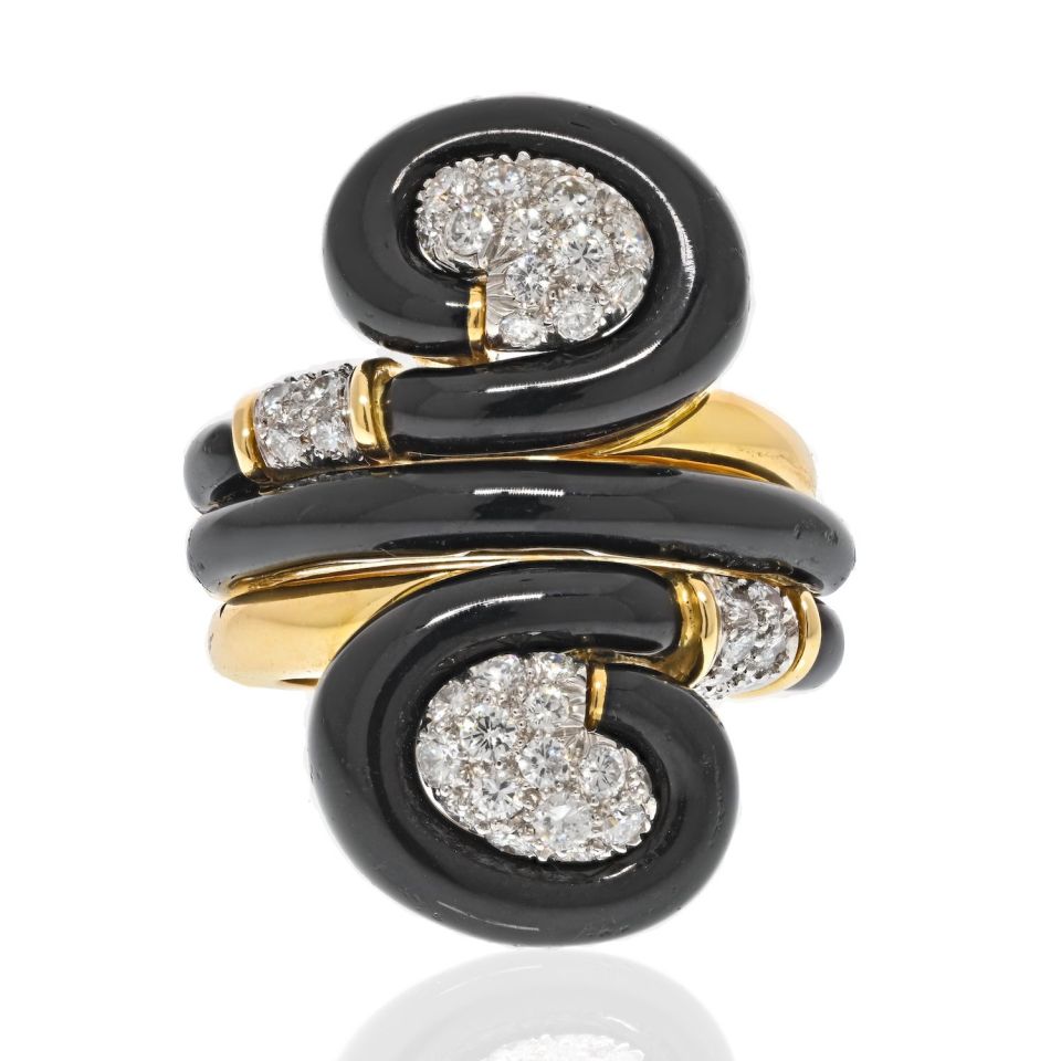 David Webb Platinum & 18K Yellow Gold Black Enamel Swirl Design Pave Diamond Ring — Laura Milman New York