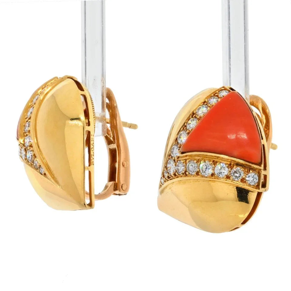 Bvlgari 18K Yellow Gold Coral And Diamond Earrings — view 2 — Laura Milman New York