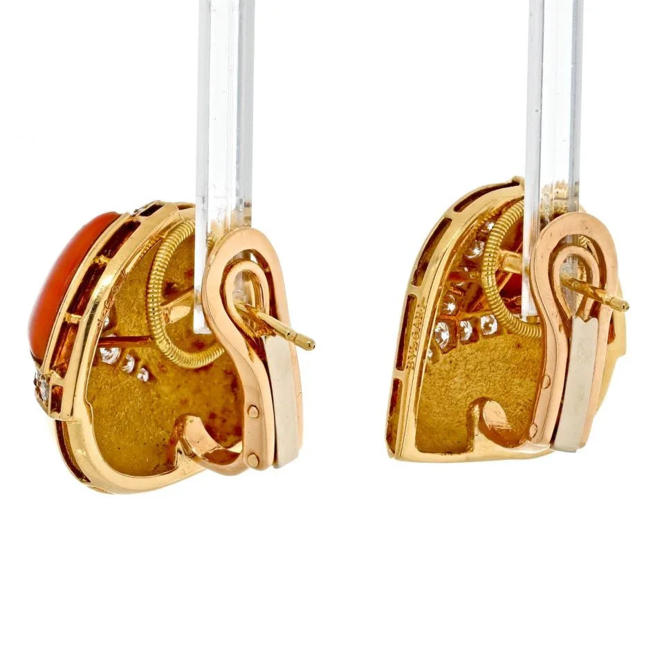 Bvlgari 18K Yellow Gold Coral And Diamond Earrings — view 3 — Laura Milman New York