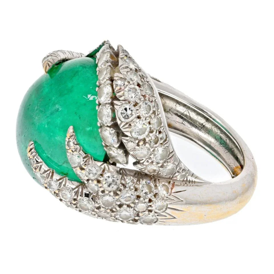 David Webb Platinum Cabochon Cut Green Emerald And Diamond Ring — view 2 — Laura Milman New York