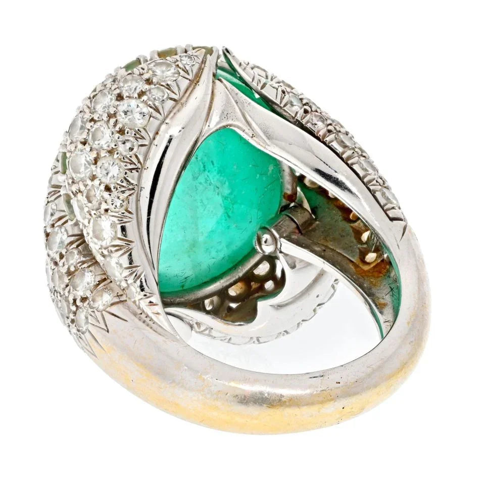 David Webb Platinum Cabochon Cut Green Emerald And Diamond Ring — view 3 — Laura Milman New York