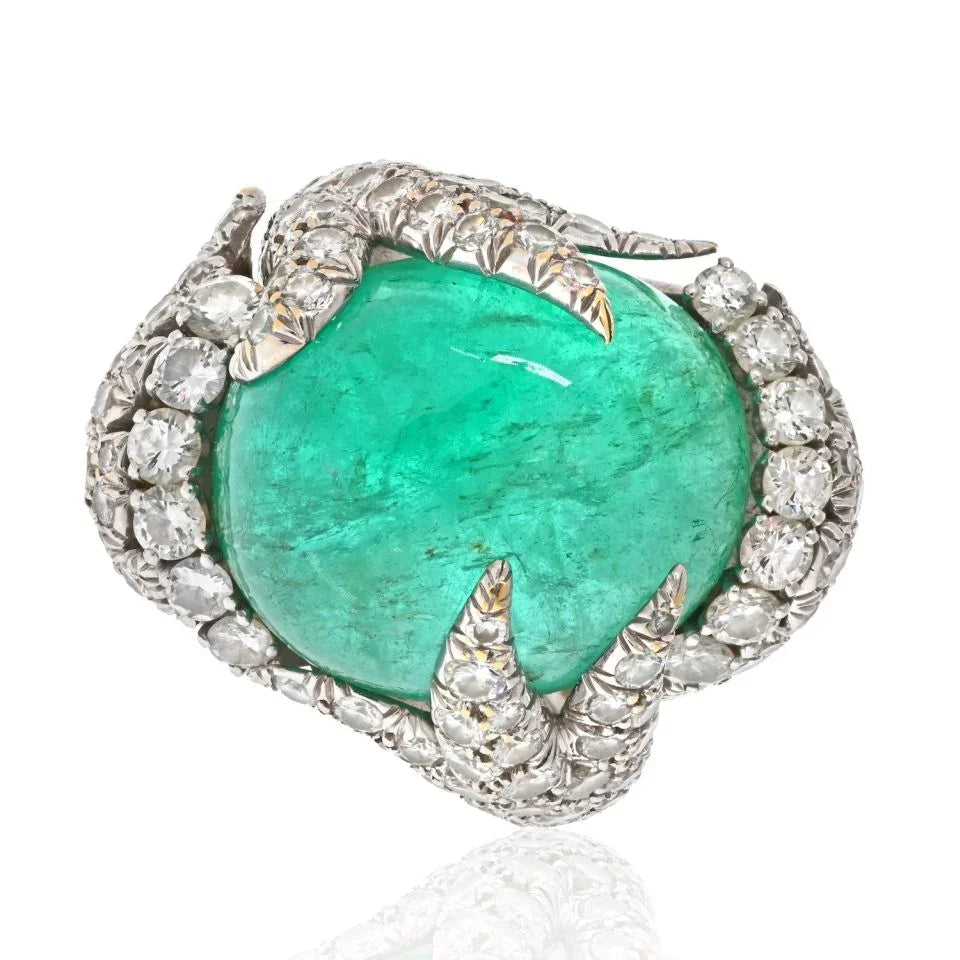 David Webb Platinum Cabochon Cut Green Emerald And Diamond Ring — Laura Milman New York