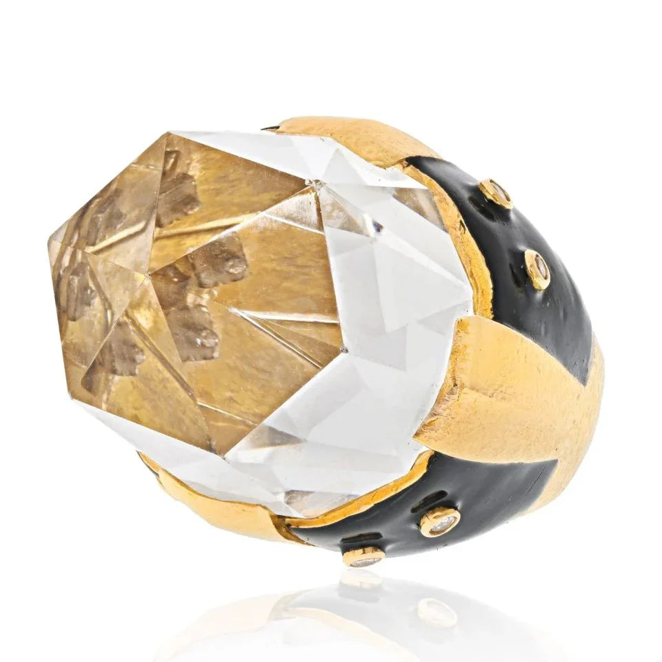 David Webb Platinum & 18K Yellow Gold Rock Crystal Black Enamel Diamond Ring — view 2 — Laura Milman New York