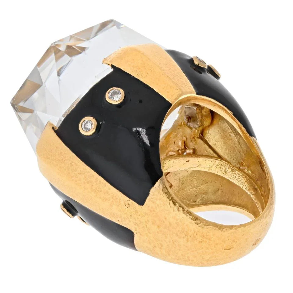 David Webb Platinum & 18K Yellow Gold Rock Crystal Black Enamel Diamond Ring — view 4 — Laura Milman New York