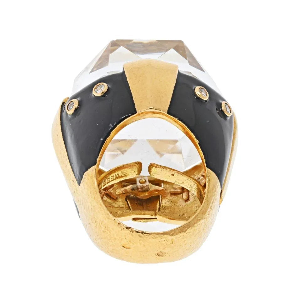 David Webb Platinum & 18K Yellow Gold Rock Crystal Black Enamel Diamond Ring — view 5 — Laura Milman New York
