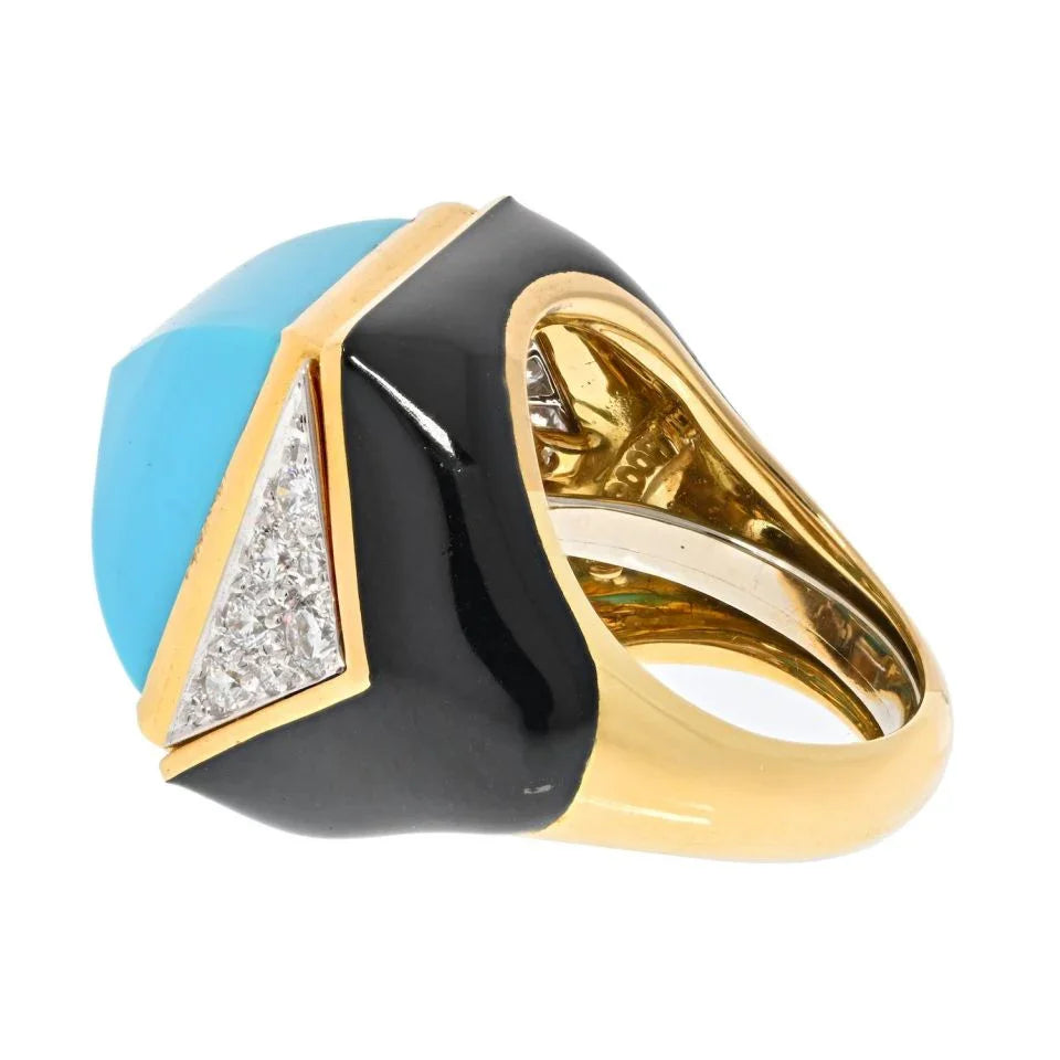 David Webb Platinum & 18K Yellow Gold Summit Turquoise And Diamond Ring — view 3 — Laura Milman New York