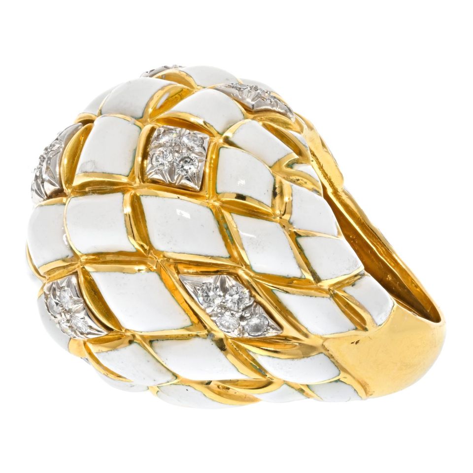 David Webb Platinum & 18K Yellow Gold White Enamel Dome Ring — view 2 — Laura Milman New York