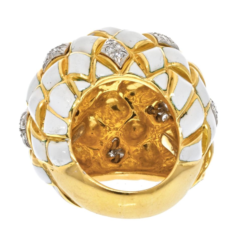 David Webb Platinum & 18K Yellow Gold White Enamel Dome Ring — view 4 — Laura Milman New York