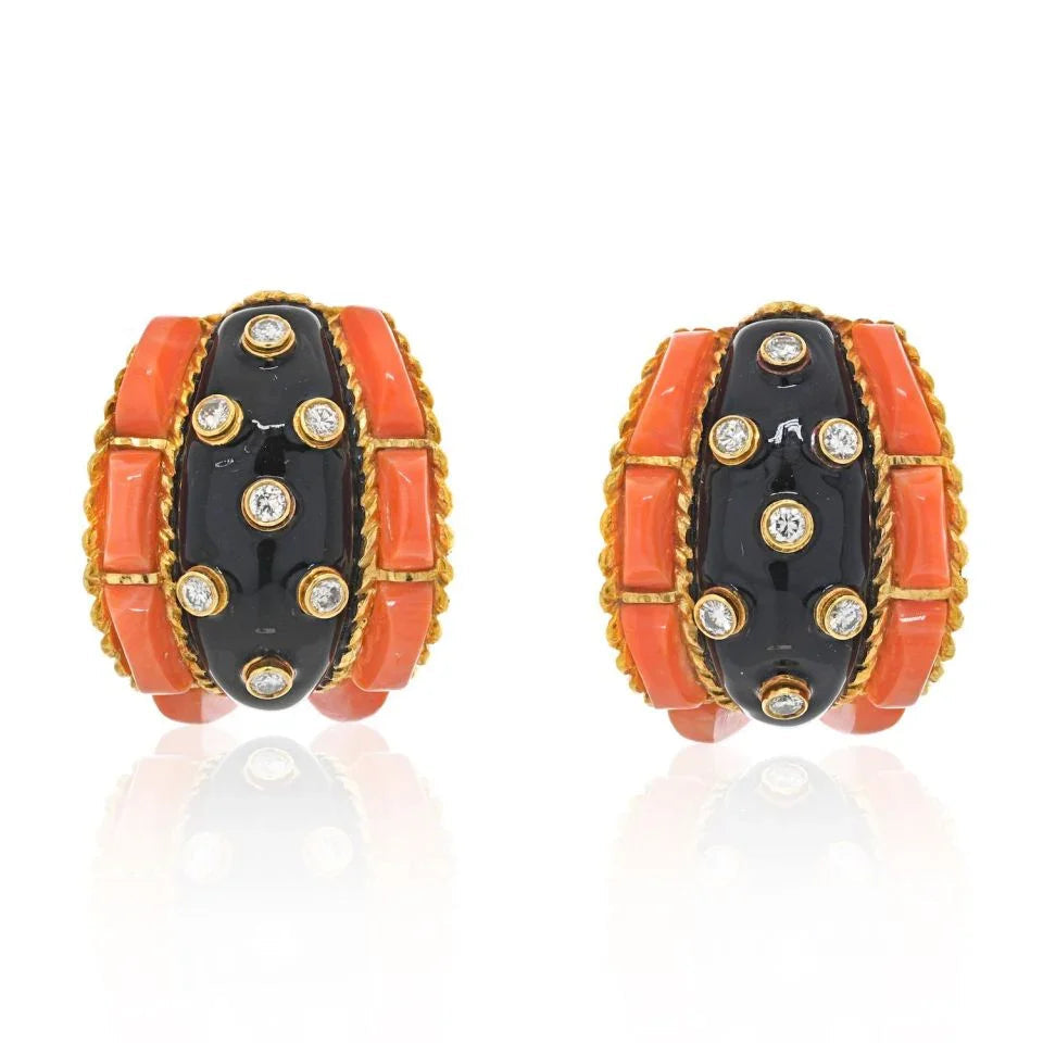 David Webb Platinum & 18K Coral, Black Enamel And Diamond Earrings — Laura Milman New York