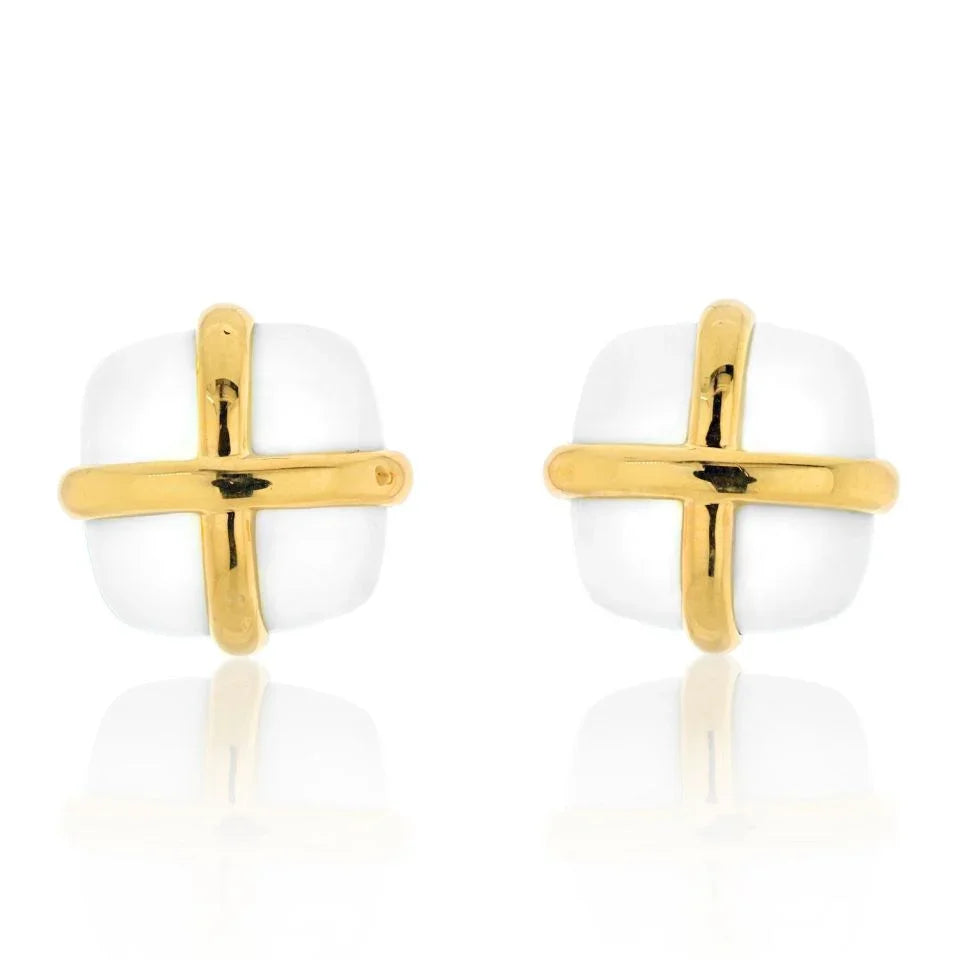 David Webb Platinum & 18K Yellow Gold White Jasper Earrings — Laura Milman New York