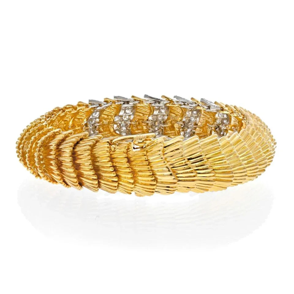 David Webb Platinum & 18K Yellow Gold Scalloped Diamond Bracelet — view 2 — Laura Milman New York