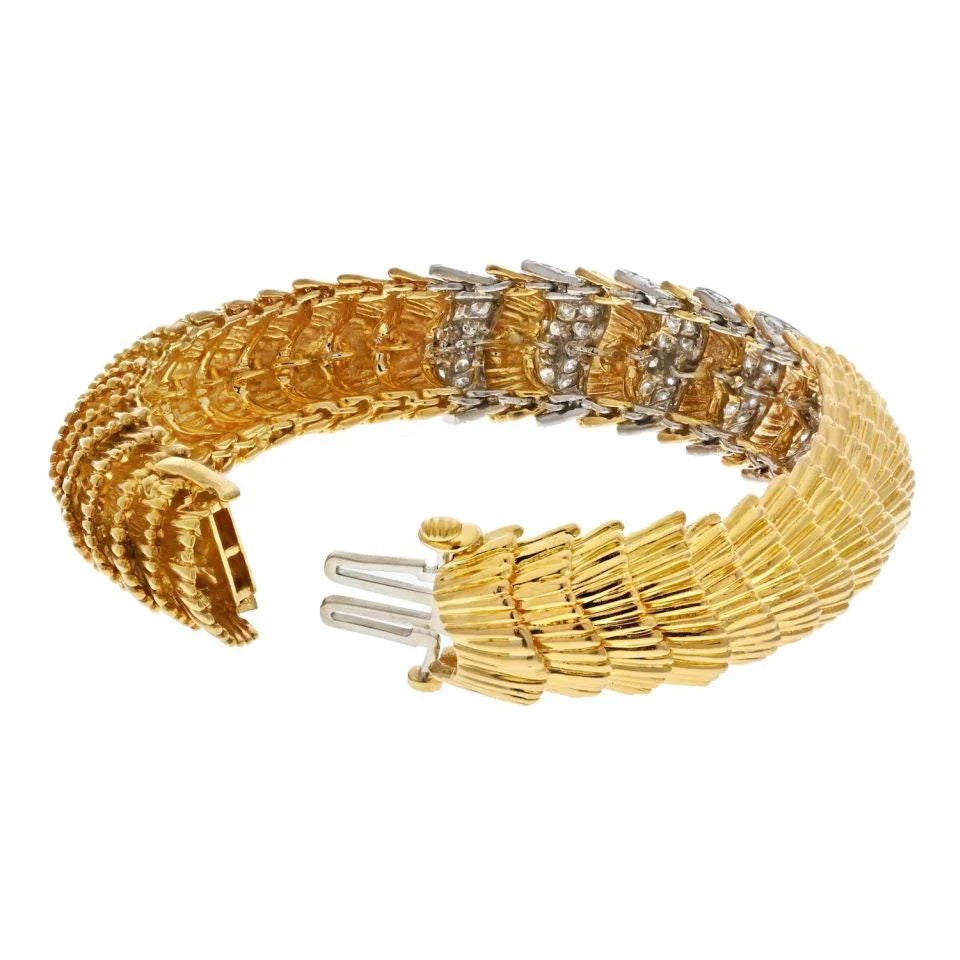 David Webb Platinum & 18K Yellow Gold Scalloped Diamond Bracelet — view 4 — Laura Milman New York