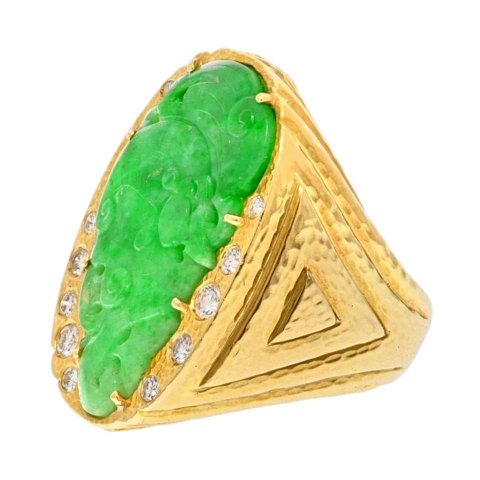 David Webb Platinum & 18K Yellow Gold Jade Diamond Hammered Ring — view 2 — Laura Milman New York