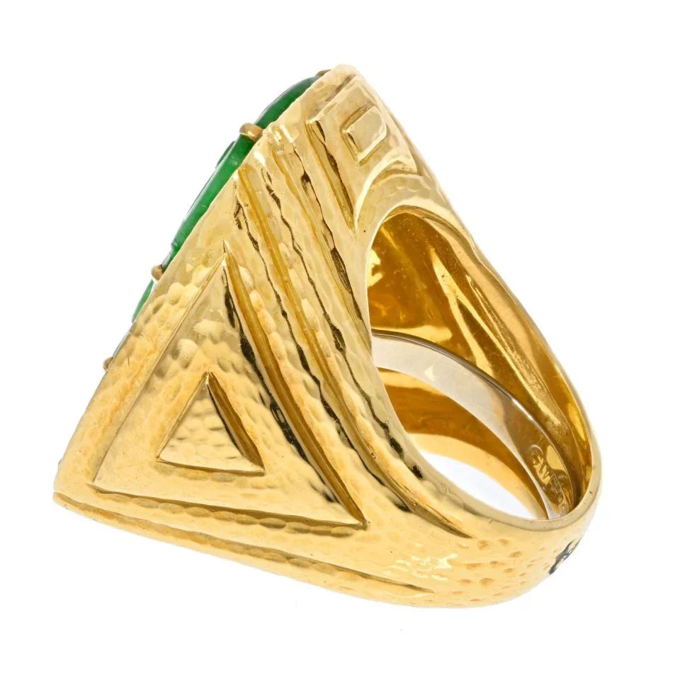 David Webb Platinum & 18K Yellow Gold Jade Diamond Hammered Ring — view 3 — Laura Milman New York