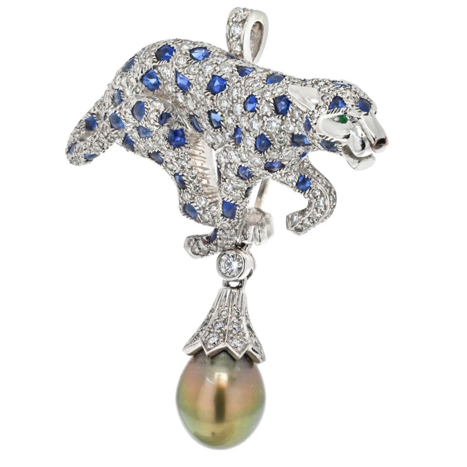 Cartier Platinum Tahitian Pearl, Sapphire And Diamond Pendantclip Brooch